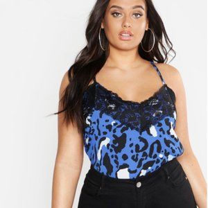 BOOHOO Trendy Blue Leopard Lace Trim Cami sz 16